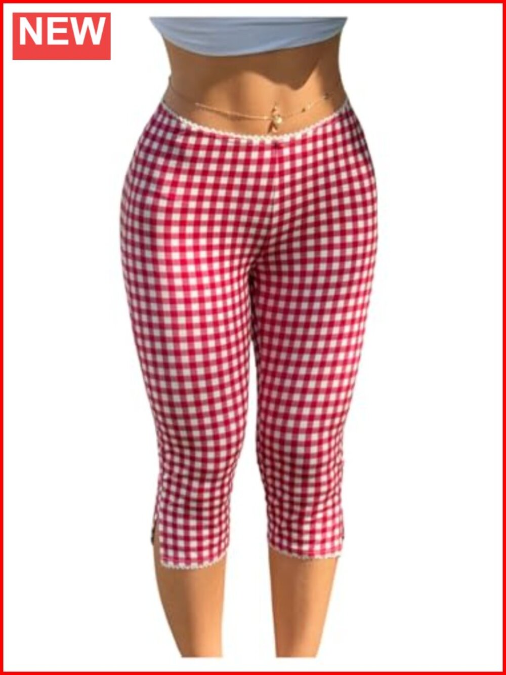 Women's Gingham Print Lace Trim Low Rise Skinny Capri Leggings